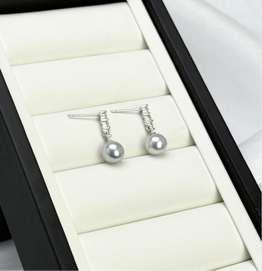 Elegant Akoya Silver Blue Pearl Earring (7.5 - 8mm) with CZ | Timeless Pearl Earrings