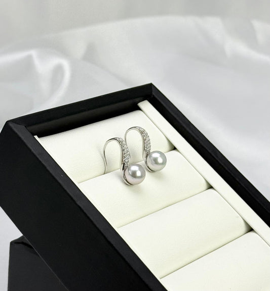 Elegant High Heel Akoya Silver Blue Pearl Earring (7.5 - 8mm) with CZ |Timeless Pearl Earrings