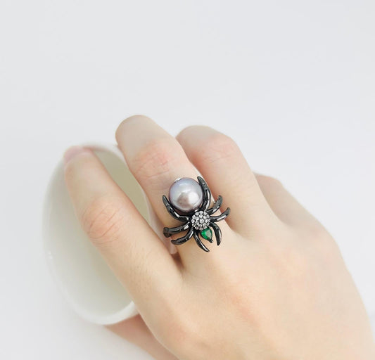 [Promo] Black Widow Spider Freshwater Pearl (10mm) Ring - Nexus8gg Jewellery