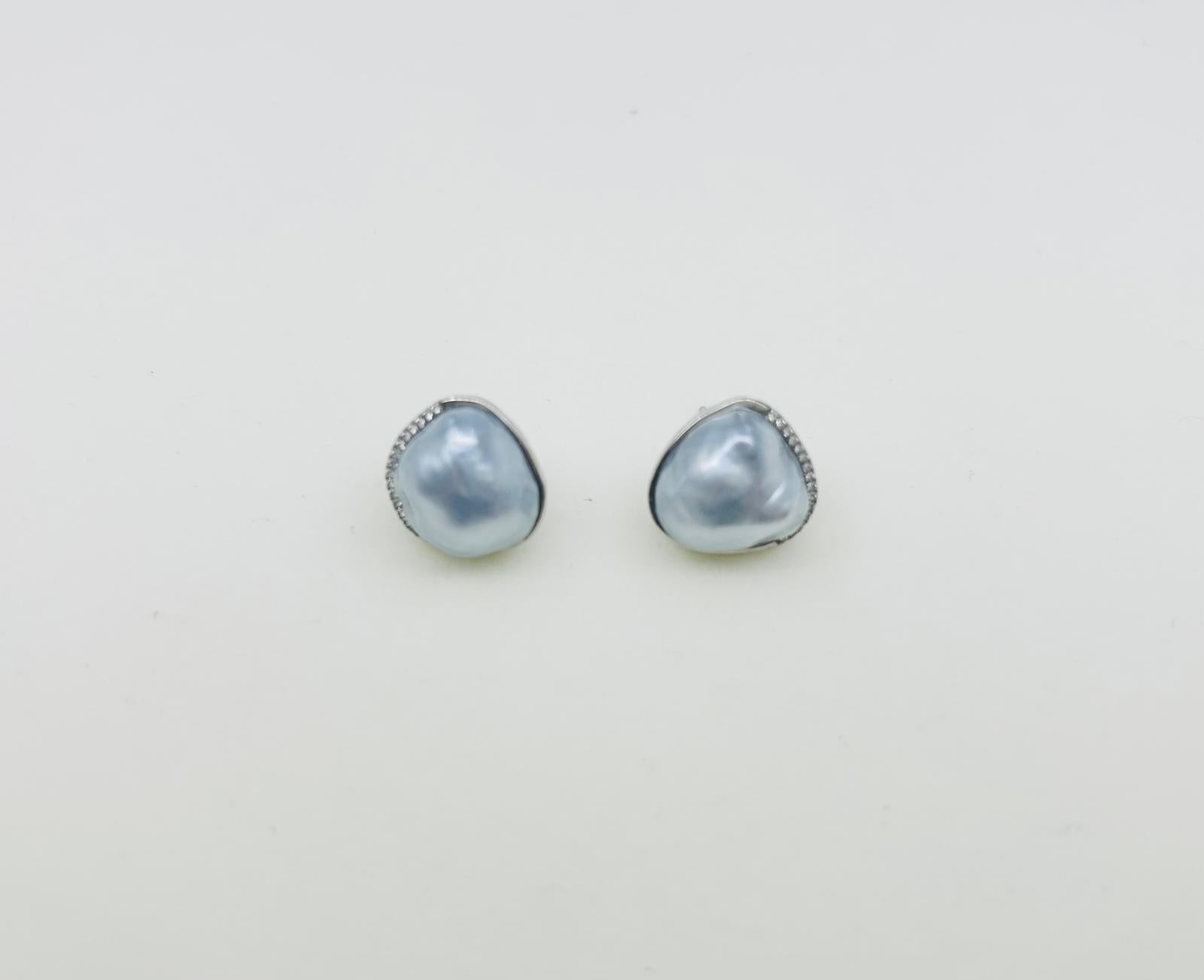 Exceptional South Sea Baroque Silver Blue Blood Pearl (11-12mm) Earrings - Nexus8gg Jewellery